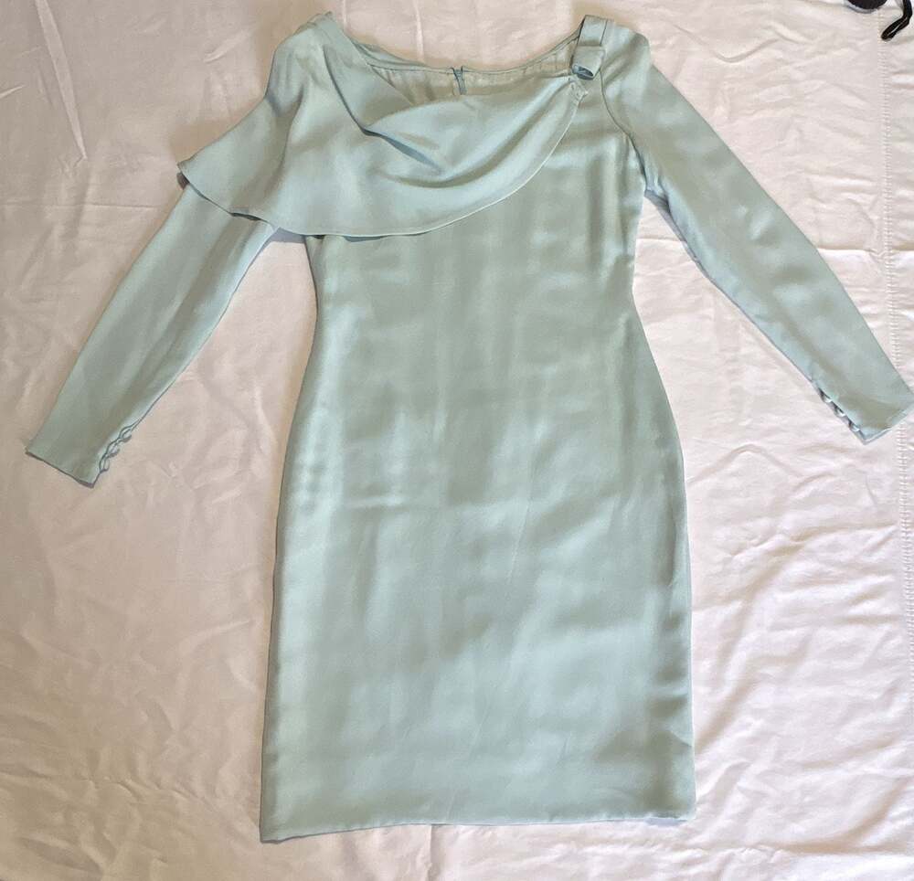 Bill Blass Pale Blue Silk Long Sleeve Cocktail Dress with Draped Cowl Neck